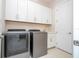 Bright laundry room with modern gray washer and dryer, white cabinets, countertop, and sink at 8419 Pippen Dr, Orlando, FL 32836