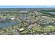 A picturesque aerial view of a residential area, including a playground, lake, and manicured green spaces at 970 Golden Bear Dr, Reunion, FL 34747
