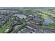 A scenic aerial view showing a community with a lake, park, and well-designed homes with pools at 970 Golden Bear Dr, Reunion, FL 34747