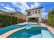 Backyard view showcasing a private swimming pool with lounge chairs, patio dining set, and manicured greenery at 970 Golden Bear Dr, Reunion, FL 34747
