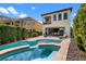 Backyard view showcasing a private swimming pool with lounge chairs, patio dining set, and manicured greenery at 970 Golden Bear Dr, Reunion, FL 34747