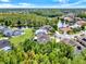 Aerial view capturing the backyard oasis with a pool, surrounded by mature trees and serene lakeside views at 14036 Cherry Bush Ct, Orlando, FL 32828