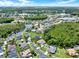 Panoramic aerial view of the neighborhood featuring mature trees, a tranquil lake, and neatly manicured lawns at 14036 Cherry Bush Ct, Orlando, FL 32828