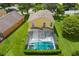 Aerial view of a property with a screened-in pool in a well maintained backyard at 17614 Woodcrest Way, Clermont, FL 34714