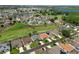Wide aerial shot showcasing a residential area with numerous homes, a large green space, and a scenic lake at 468 Jaybee Ave, Davenport, FL 33897