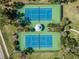 Overhead view of the community tennis courts with shaded seating nestled among mature trees and landscaping at 10143 Pink Carnation Ct, Orlando, FL 32825