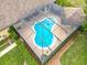 Aerial view of a kidney-shaped pool, encased in a screen enclosure, surrounded by a well-maintained patio area at 19123 Sheldon St, Orlando, FL 32833