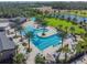 This aerial shot displays an elaborate community pool area, surrounded by lush greenery and palm trees at 2941 Marlberry Ln, Clermont, FL 34714