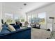 Bright living room with large windows, plush blue seating, and a contemporary glass coffee table at 3206 Water Sprite St, Orlando, FL 32808