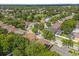 This aerial view captures the layout of a neighborhood filled with lush trees, various home styles, and backyard swimming pools at 356 Via Tuscany Loop, Lake Mary, FL 32746