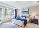 A well lit bedroom with bright light coming through the windows and a comfortable bed with a blue blanket at 5684 Gingham Dr, Kissimmee, FL 34758