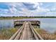 Scenic view of a wooden fishing dock over a calm lake with reeds in the foreground and houses across the water at 8057 John Hancock Dr, Winter Garden, FL 34787