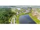 Aerial view of neighborhood homes that are settled between a pond and wooded area at 2130 Bur Oak Blvd, St Cloud, FL 34771