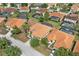 Panoramic aerial view showcases a community of homes with screened-in pools at 4080 Oaktree Dr, Davenport, FL 33837