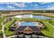 Stunning aerial view of the community pool, lake, playground, and surrounding green spaces on a bright, sunny day at 868 Brooklet Dr, Davenport, FL 33837