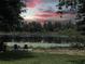 Scenic lake view at sunset with lily pads and lawn featuring 2 chairs on a wooden dock at 2028 Lake Christie Dr, Orlando, FL 32809