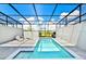 Screened-in pool and patio area offering privacy and relaxation with lounge chairs and blue skies at 7577 Oak Spring Ln, Davenport, FL 33837