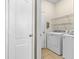 A conveniently placed laundry room includes a washer, dryer, and shelving for easy storage at 805 Gordonia Ct, Deland, FL 32724