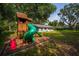 Backyard playground with wooden play structure, slides, and wood chip base, adjacent to home at 1202 Marshall Ct, Eustis, FL 32726