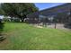 A lush backyard featuring a screened-in pool area, perfect for enjoying outdoor living and entertaining at 25859 Crossings Bluff Ln, Sorrento, FL 32776