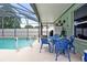 The covered patio offers views of the pool and backyard, and features a blue outdoor dining set at 2903 Willow Oak Ct, Kissimmee, FL 34744