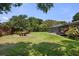 Sprawling backyard with a lush green lawn, mature trees, and screened pool area at 8655 Shady Glen Dr, Orlando, FL 32819
