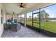 Covered patio with outdoor seating overlooking the backyard and lake at 1640 Oak Blossom Dr, Davenport, FL 33837