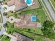 Overhead view of the residence, showcasing a screened pool, circular driveway, and pristine landscaping at 4071 Isabella Cir, Windermere, FL 34786