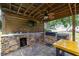 An outdoor kitchen with stone counters, a grill, a sink, a fan and a mounted television at 775 Bay Dr, New Smyrna Beach, FL 32168