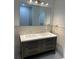 Bathroom featuring a double sink vanity with gray wood cabinets and modern lighting at 3391 Orchid Dr, Indian Lake Estates, FL 33855