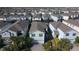 Aerial view showcases the community with blue homes, screened-in patios, and palm tree landscaping at 8926 Zurich Ln, Kissimmee, FL 34747