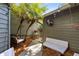 Outdoor patio with cozy seating, string lights, and lush tropical foliage at 140 Deer Lake Cir, Ormond Beach, FL 32174