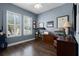 Charming office with hardwood floors, natural light, built in shelves, and blue walls at 17200 Gathering Place Cir, Clermont, FL 34711