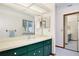 Bright bathroom featuring a large mirror, green cabinets and view to a walk-in closet at 183 Parsons Rd, Longwood, FL 32779