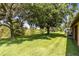 Grassy backyard with mature trees, plush landscaping, and a view at 24720 Calusa Blvd, Eustis, FL 32736