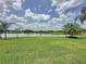Expansive green backyard with mature palm trees, leading to a peaceful view of the tranquil lake at 27143 Nostalgia Dr, Leesburg, FL 34748
