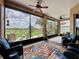 Enclosed patio with beautiful leaf rug and outdoor seating overlooking the picturesque lake at 27143 Nostalgia Dr, Leesburg, FL 34748