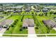 Aerial view displays a single-story home with a 3 car garage, charming porch and spacious manicured backyard at 3630 Trimaran Dr, Orlando, FL 32820