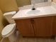 Bathroom featuring toilet and sink with chrome faucet and wood cabinet at 3658 Oakdale Cir # 100, Oviedo, FL 32765