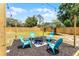 Backyard fire pit and blue Adirondack chairs nestled in mulch, with outdoor lighting and wooden fence at 410 W Seminole Ave, Eustis, FL 32726