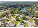 A stunning aerial view showing a neighborhood with mature trees surrounding a beautiful pond at 7618 Majestic Pine Ct, Orlando, FL 32819