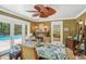 Charming sunroom offers pool views, fireplace, and unique decor with dining space at 98 Wisteria Dr, Longwood, FL 32779