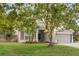 View of the exterior of the home with a large tree in the front yard and a two-car garage at 1245 Reagans Reserve Blvd, Apopka, FL 32712
