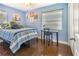 A cozy bedroom with blue walls, shiny hardwood floors and decorated with colorful art work at 1919 E South St, Orlando, FL 32801
