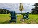 A shady umbrella stands between two Adirondack chairs in a tranquil green backyard at 331 Greens End St, Orlando, FL 32810