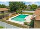 Aerial view of backyard pool with concrete patio, privacy fence, and well-maintained landscaping at 3942 Orange Lake Dr, Orlando, FL 32817