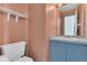 Cozy bathroom featuring a blue vanity, a single sink, and a toilet at 485 Whittingham Pl, Lake Mary, FL 32746