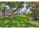A shady green yard features mature trees and tropical landscaping with a peek at the screened-in pool at 8612 Summerville Pl, Orlando, FL 32819