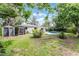 Spacious backyard with a pool, shed, and mature trees, perfect for outdoor activities at 2666 Derbyshire Rd, Maitland, FL 32751