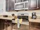 Kitchen with stainless steel appliances, dark cabinetry, and granite countertops, equipped with modern conveniences at 1478 Moon Valley Dr, Davenport, FL 33896